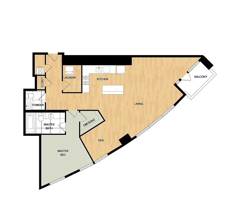 Floor plan Tower 1 Bed/1.5 Bath Den-Hawthorne