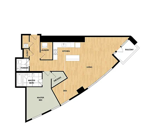 Floor plan Tower 1 Bed/1.5 Bath Den-Hawthorne