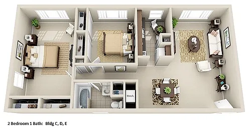 Floor plan Garden 2 Bedroom, 1 Bath
