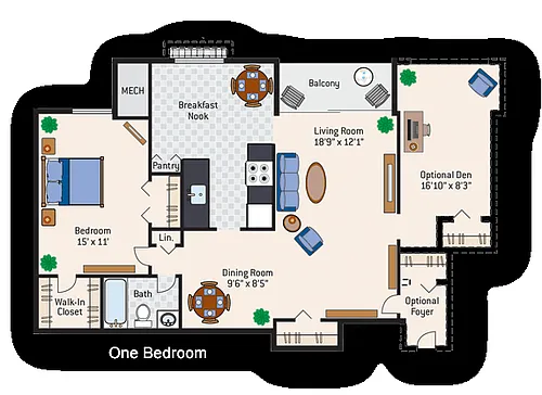 Floor plan 1 Bedroom 1 Bath + Den