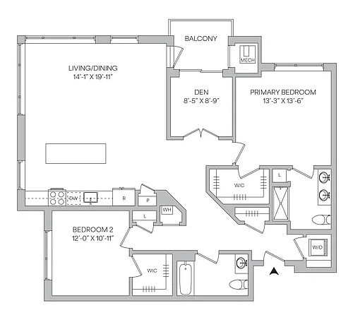 Floor plan B13 - 2BR 2BA (1432 SF) with Den