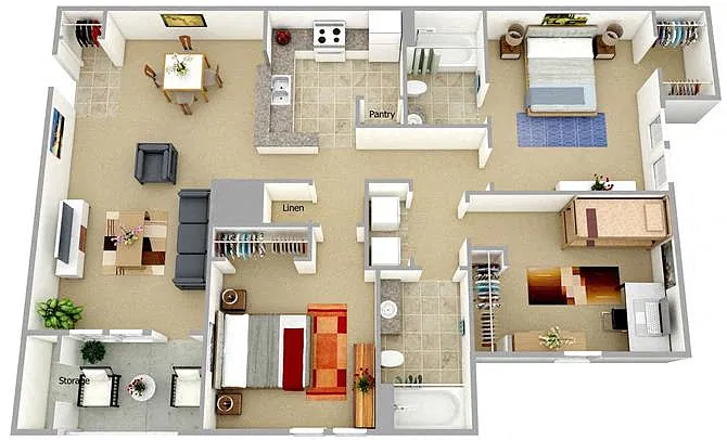 Floor plan Three Bedroom Two Bathroom 60%