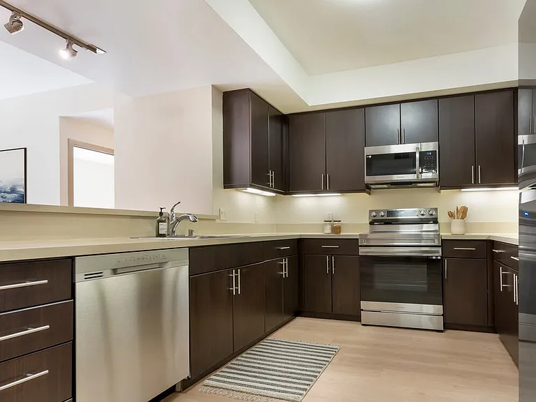 Classic Collection II kitchen with stainless steel appliances, beige quartz countertops, espresso cabinetry, and hard surface flooring