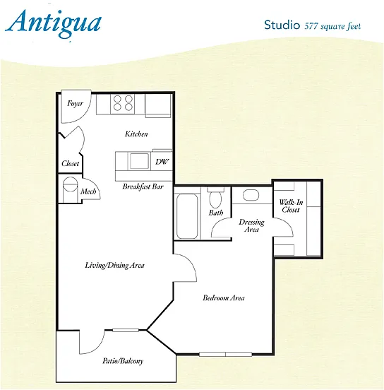 Floor plan S3 - Antigua - Studio, One Bathroom