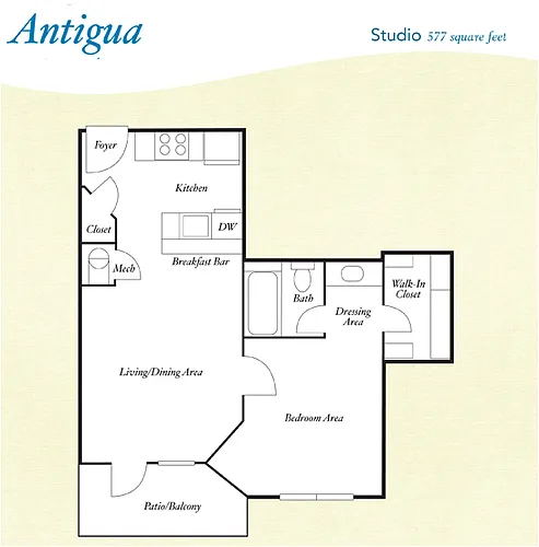 Floor plan S3 - Antigua - Studio, One Bathroom