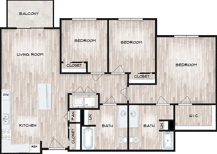 3 Bed 2 Bath A Floorplan Diagram
