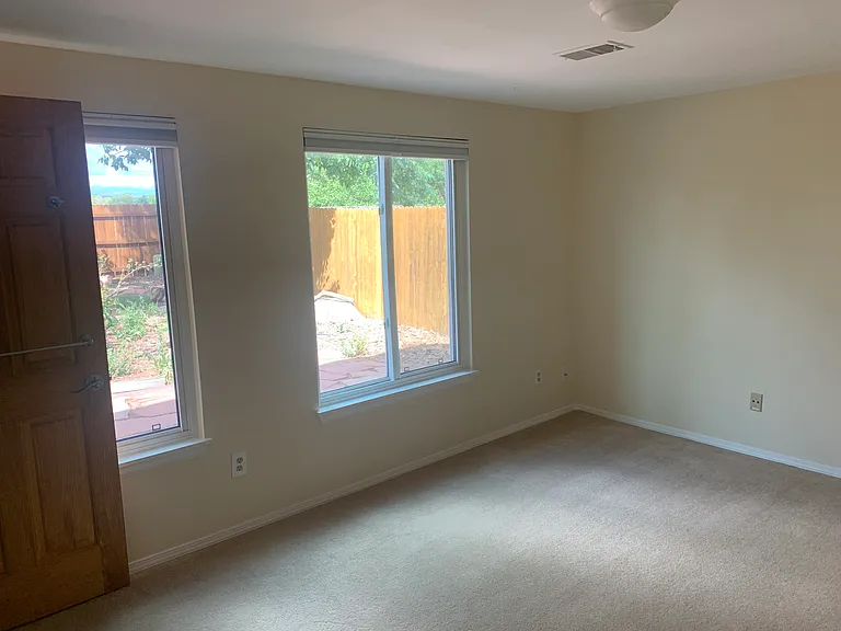 Lower level family room, play room, or bedroom with attached bathroom