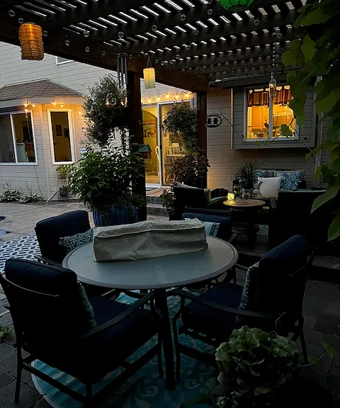 Enjoy morning coffee and dinners under the pergola.