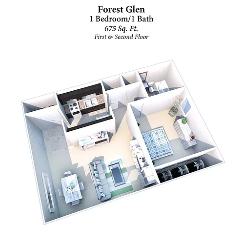 Floor plan 1B/1B Forest Glen 675 SqFt