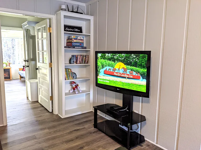 Gameroom shelf with lots of items to keep children and adults busy. TV with DVD and gaming cables.