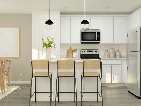 Rendering of a kitchen with white cabinetry and three barstools at the counter.