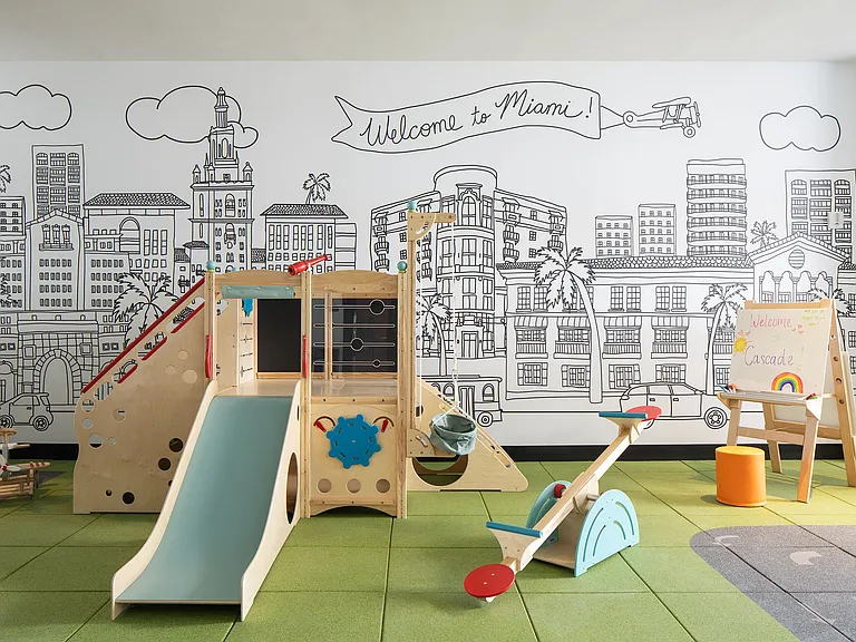 Indoor kids' playroom and outdoor play area