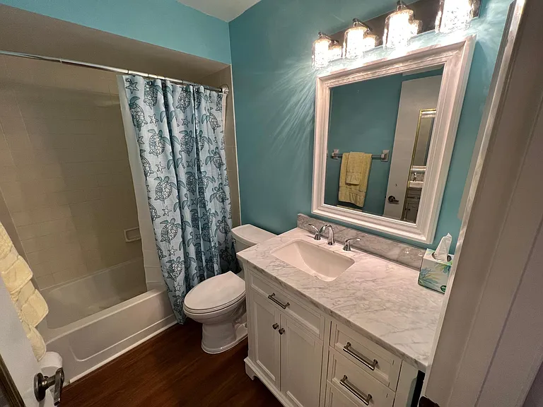Designer hall bath with new toilet and vanity and lights