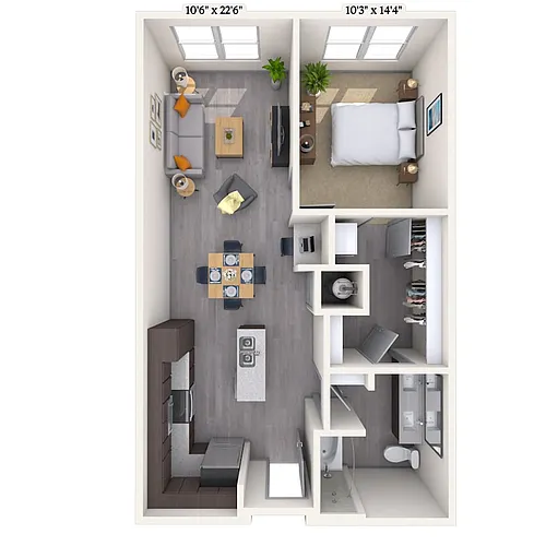 Floor plan Traditional 1x1 674-875 SF