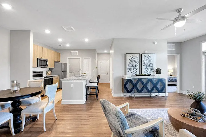 Living Room, Dining Area, and Kitchen