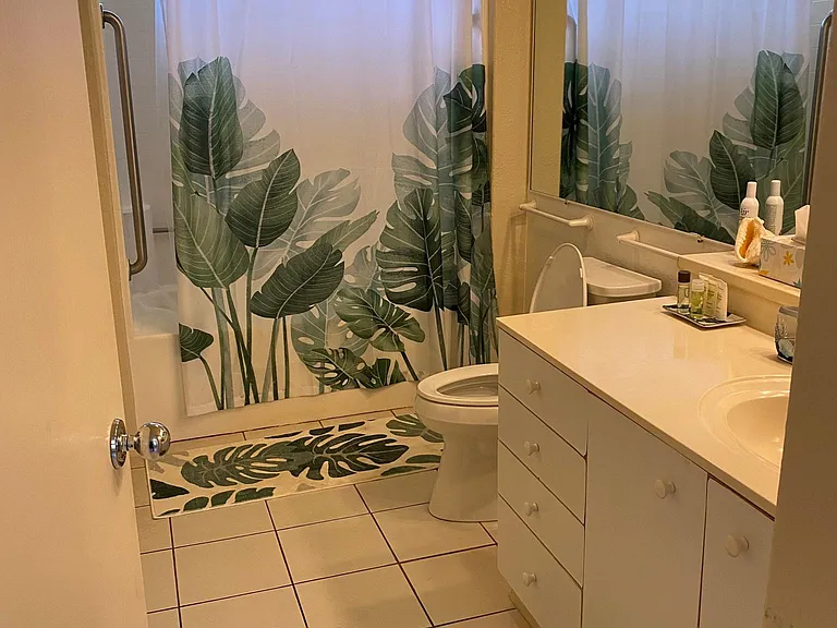 Downstairs bathroom, with stand up shower, tile floor, mirrored wall.