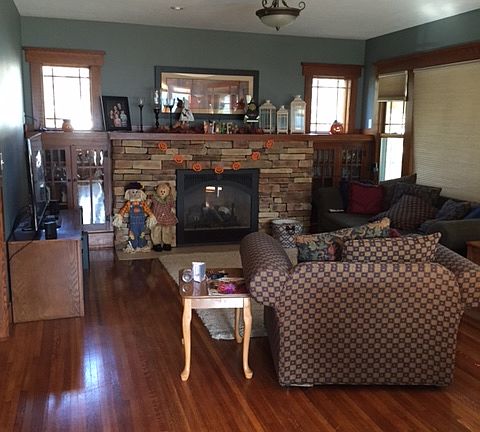 Stone faced fireplace