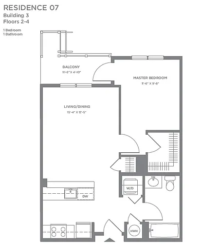 Floor plan P2 1BR 1BA (634 SF)