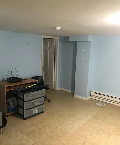 living room in basement