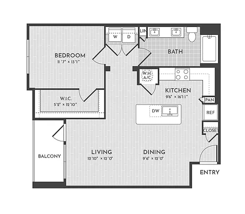 Floor plan 1BR 1BA (874 SF)