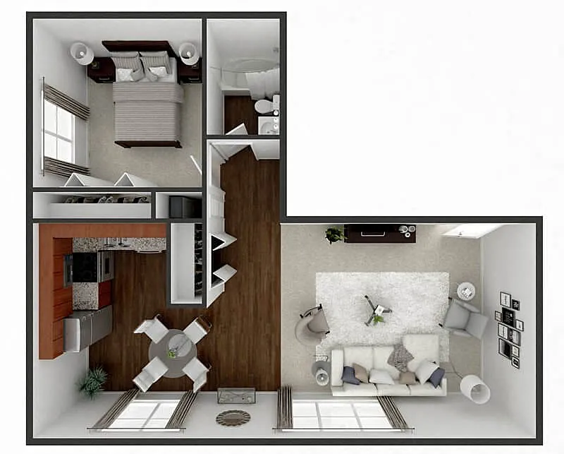 Floor plan L Shape 1 Bedroom 1 Bath 700 sq ft