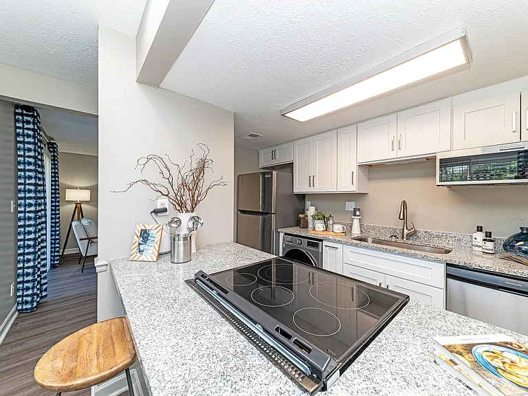 Kitchen with granite counters and modern cabinetry