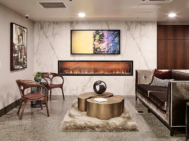 Lounge and lobby areas with plush seating fire place