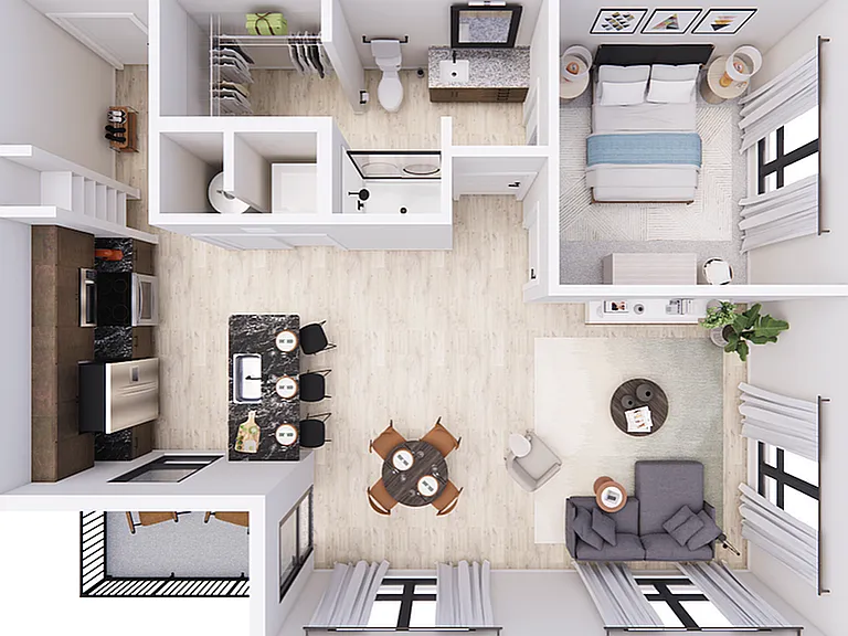 Explore this chic urban apartment layout, designed for modern living. Explore this chic urban apartment layout, designed for modern living.