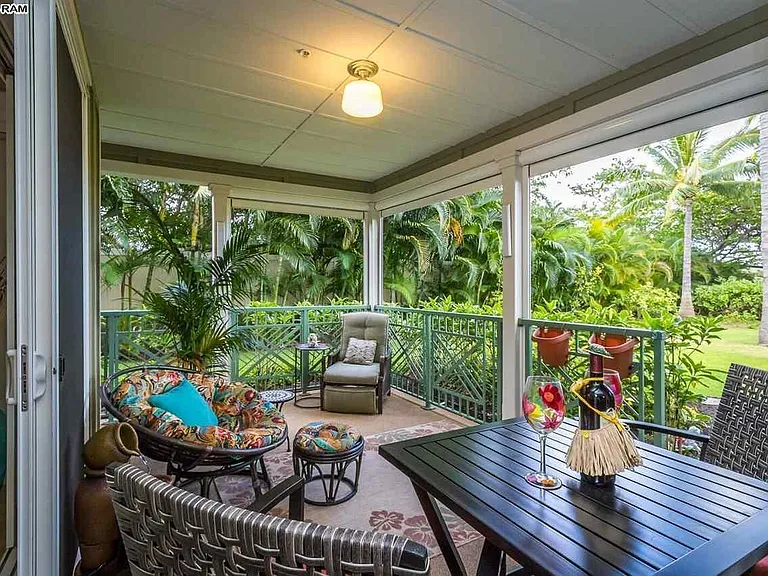 Another view of lanai from inside living room. Recently installed large ceiling fan with light.