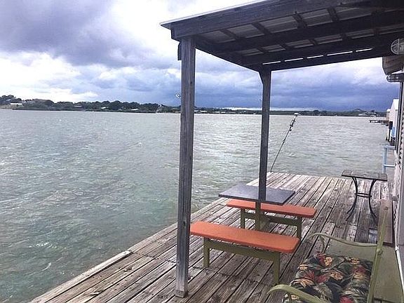 Patio area with lake.