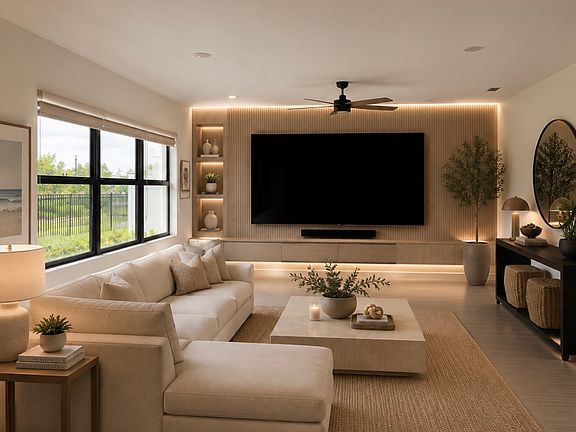 virtually staged image of family room. For demonstration only.