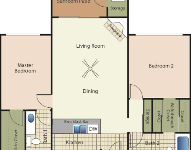 2 Bedroom 2 Baths 22B Floorplan Diagram