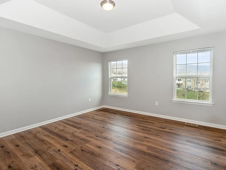 Primary bedroom with tray ceilings