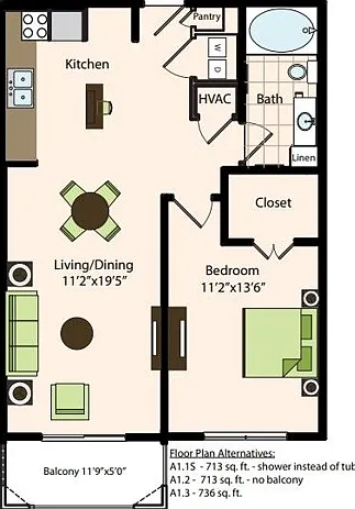 A1.1s | 1x1 | 713 sq ft A1.1s | 1x1 | 713 sq ft