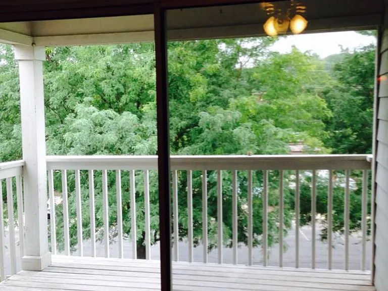 Balcony off of living room that overlooks private green space