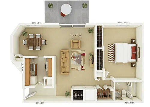 Floor plan 1 Bedroom Cottonwood