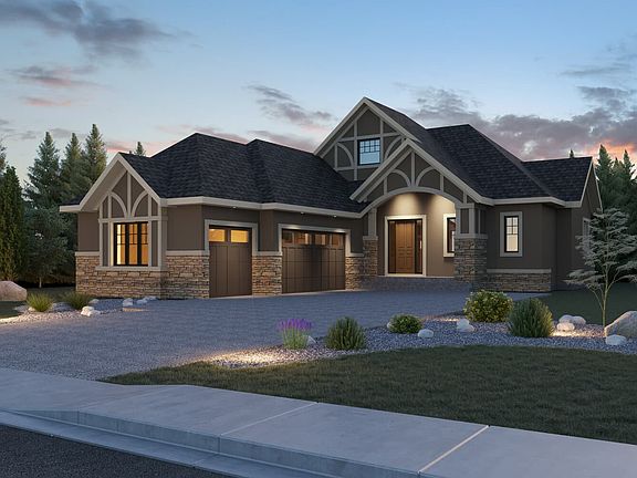 Exterior view of the Tudor Elevation for the Catania model by Brookfield Residential in Calgary.