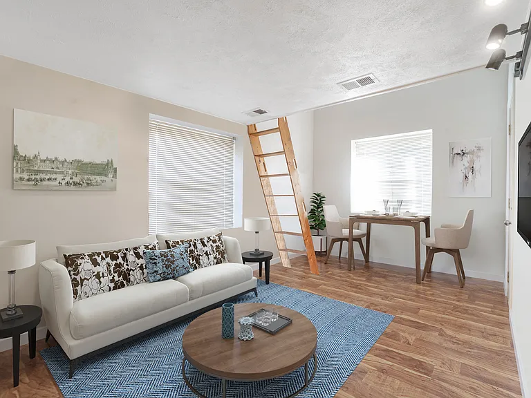 living room with a loft