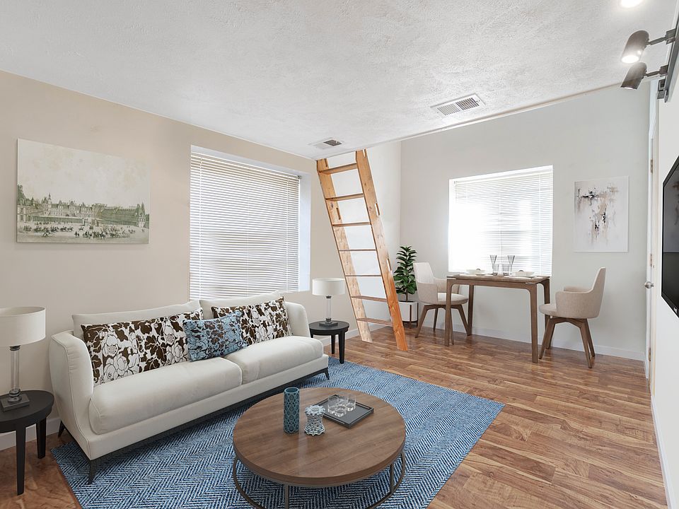 living room with a loft