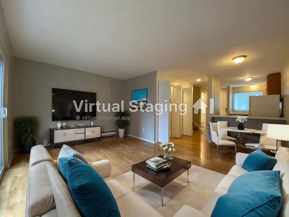 Virtual Staged living room with dining table.