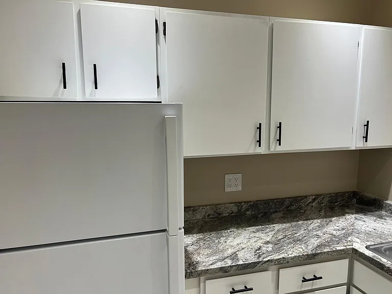Kitchen cabinets and new refrigerator .