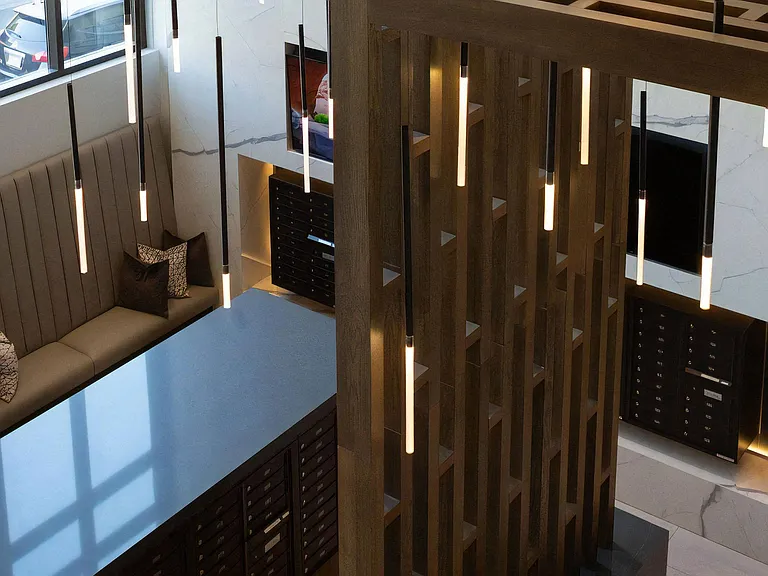 Community Mail Room with Decorative Divider and Boxed Mail Units