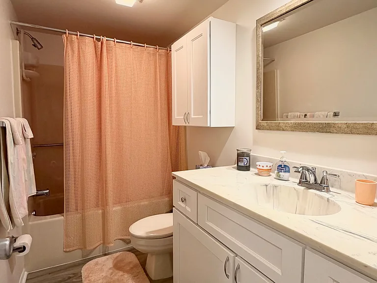 Guest Bathroom w/ upgraded vanity, vinyl plank floors and a shower/tub combo!