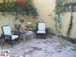 Brick patio in backyard