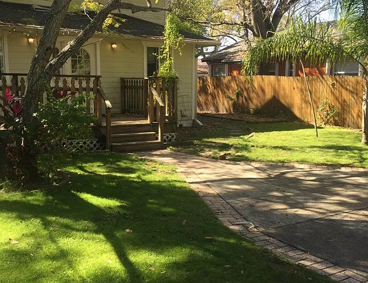 Beautiful fenced in backyard in the summer