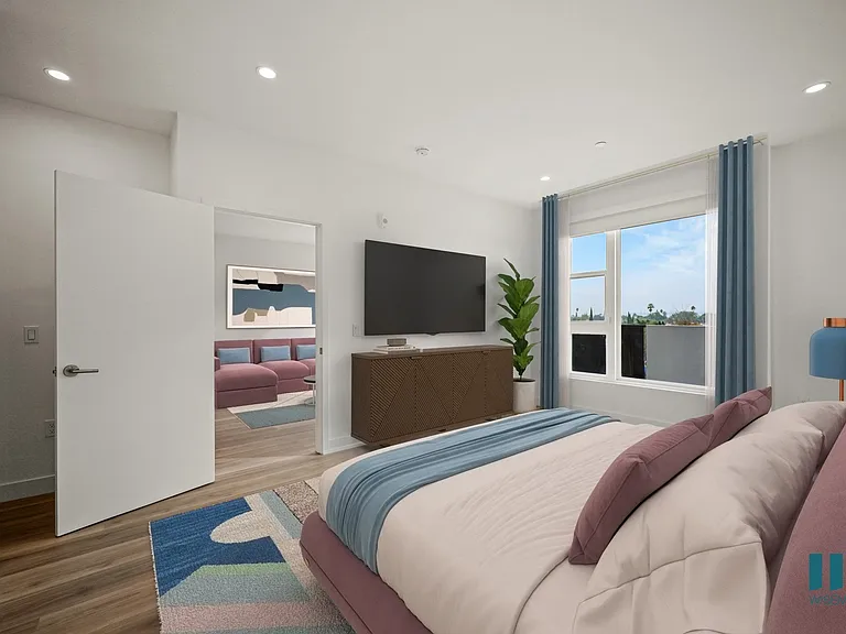Bedroom. with Vinyl Flooring, Recessed Lighting, and Windows with Custom Shades and Built-In Screens - Oak Floor Plan