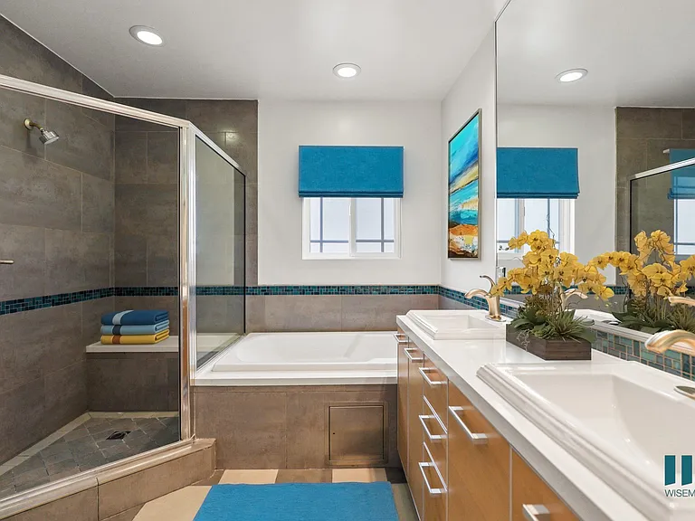 Large-Size Bathroom with Walk-In Shower, Bathtub, and Double-Sink Vanity
