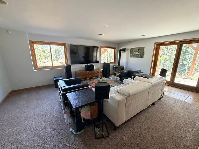 Basement living area, fireplace, walk out patio door. New paint. Stone flooring in front of patio door, tall ceilings!