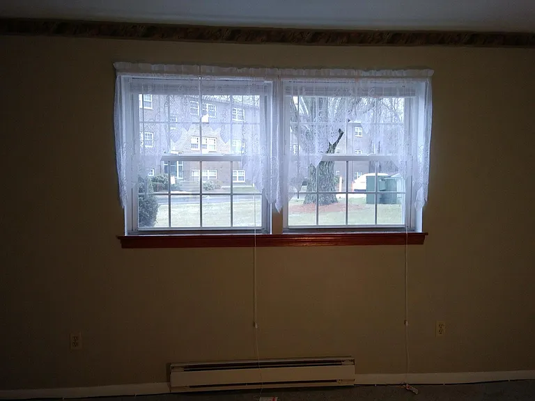 Bedroom windows with new mini blinds and lace curtains.
