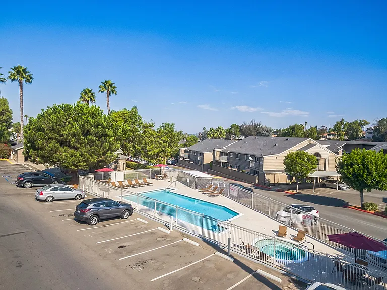 An aerial view of our Swimming Pool & Spa and property at Meadow Creek Apartments in San Marcos, CA